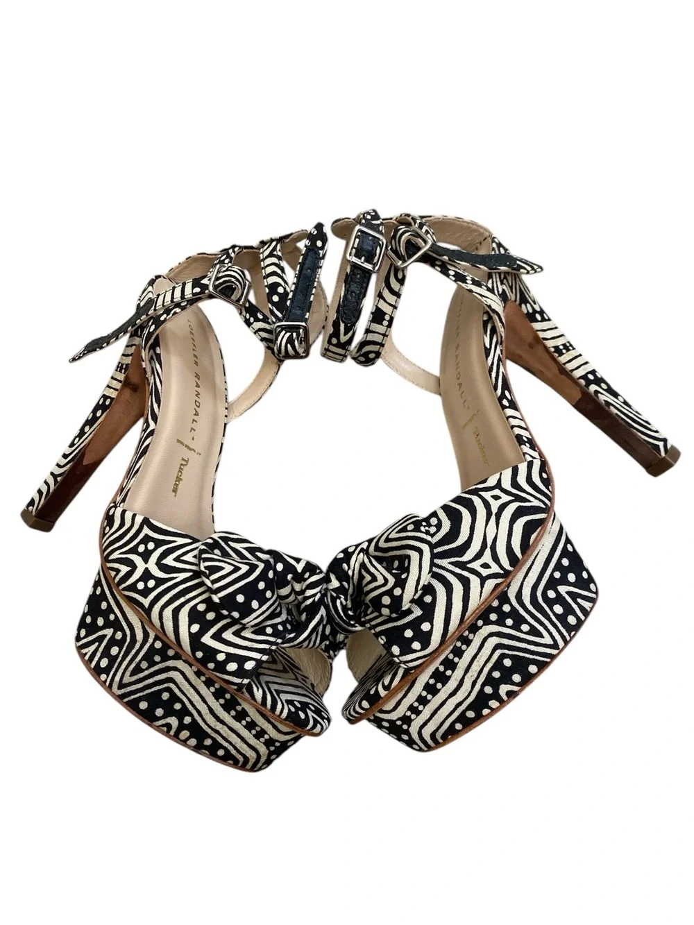 Black & White Patterned Bow Ankle-Strap Platform Sandals